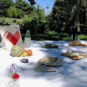Experimente la escapada al aire libre perfecta con 'Picnic en Barcelona - Menú InCity', que ofrece fruta, pan, queso y bebidas sobre una manta bajo los árboles y bajo el cielo despejado de Barcelona. - ForTwo - Planes para parejas