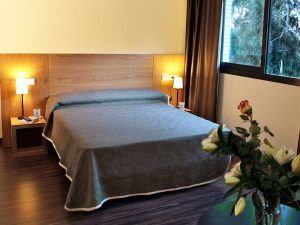 Una acogedora habitación doble con una cama doble y una decoración tranquila con rosas, lirios, lámparas de noche y ventanas panorámicas, que reflejan la tranquilidad del circuito de aguas saludables en Balneario de Lanjarón (Granada). - ForTwo - Planes para parejas