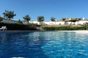 El producto "Una noche en cueva romántica de turismo rural (Guadix)" ofrece una escapada tranquila con una piscina de color azul claro, suaves ondas, exuberante vegetación y una pared blanca bajo el cielo brillante en el encantador entorno rural de Guadix. - ForTwo - Planes para parejas