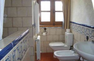 Este baño, con ventana, lavabo, inodoro, bidé y radiador, tiene paredes beige y azulejos con dibujos azules que recuerdan el ambiente sereno de "Dos noches en cueva romántica con hammam y masaje (Guadix). - ForTwo - Planes para parejas