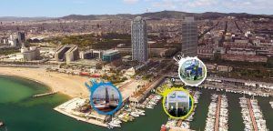 Disfruta de una impresionante vista aérea de la costa de Barcelona, con dos edificios altos, un puerto deportivo y una playa donde se desarrollan emocionantes aventuras de parasailing. Las imágenes del recuadro muestran lugares emblemáticos en el corazón de Barcelona. Explora "Hacer parasailing en Barcelona" para vivir experiencias inolvidables. - ForTwo - Planes para parejas