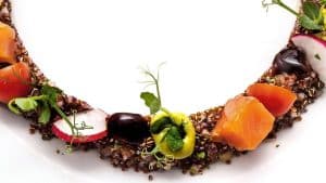 Un semicírculo de guarniciones gourmet como salmón, rábano, aceitunas y verduras adorna el plato blanco del Restaurante La Rotonda en el Hotel Westin Palace Madrid. - ForTwo - Planes para parejas