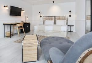 Alójese en el Hotel 7 Islas Madrid y disfrute de una habitación moderna con cama king, televisor, escritorio y silla. Disfrute de los encantadores detalles en madera y la suave iluminación que crean un ambiente relajante en el corazón de la ciudad. - ForTwo - Planes para parejas