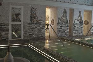 El Circuito Termal con Masaje de Termas de Hispalis en Sevilla ofrece un oasis de serenidad con paredes de mosaico de caballos y soles, iluminación ambiental que se refleja en la superficie del agua y espacios acogedores para relajarse y descansar. - ForTwo - Planes para parejas