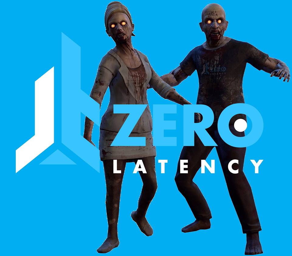 Dos figuras de zombies con ojos brillantes sobre un fondo azul, con el logo de Zerolatency, te invitan a una emocionante Experiencia de realidad virtual multijugador Zerolatency (Terrassa). - ForTwo - Planes para parejas