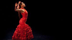 Una bailarina cautiva al público con un electrizante espectáculo de flamenco durante la "Escapada con habitación doble, desayuno buffet y espectáculo de flamenco (Barcelona)" sobre un fondo oscuro. - ForTwo - Planes para parejas