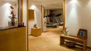 El moderno gimnasio del Hotel Palacio de los Patos ofrece pisos de madera, cintas de correr, un mostrador de productos para el cuidado de la piel y plantas decorativas. Disfrute de un entrenamiento seguido de una rejuvenecedora experiencia de spa con la "Escapada de lujo en el hotel Palacio de los Patos con spa incluido" en Granada. - ForTwo - Planes para parejas