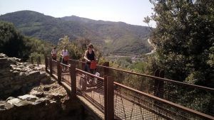 La gente pasea con un cochecito por un puente rodeado de verdes colinas y árboles, mientras amigos cercanos disfrutan del paisaje de fondo en su "Ruta en Segway en los arrozales de Pals". - ForTwo - Planes para parejas