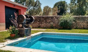 Un proyector de cine vintage junto a una piscina, rodeado de exuberante vegetación y un muro de piedra rústica, evoca el encanto de Almazara de San Pedro - Casa rural en Sierra de Gata con baño árabe (Cáceres), reflejando la serena belleza de la Sierra de Gata. - ForTwo - Planes para parejas