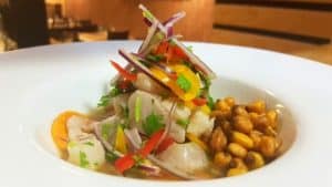 En el Restaurante Galipán de Valencia, disfrute de un ceviche elaborado con pescado fresco, cebolla roja, cilantro, pimientos de colores y maíz tostado en un plato blanco. - ForTwo - Planes para parejas