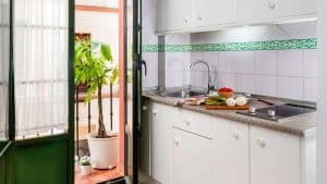 Una cocina luminosa con gabinetes blancos, un protector contra salpicaduras de azulejos y una planta en maceta junto a la puerta de vidrio abierta crea un lugar ideal para disfrutar de la experiencia de "Escapada con desayuno y crucero en barco por el Guadalquivir (Sevilla)". - ForTwo - Planes para parejas