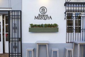 Disfrute del encantador ambiente al aire libre de Bodegas Mezquita, con plantas en macetas sobre una pared blanca, mientras cena bajo las estrellas. Ideal para dos, disfrute de la "Oferta: cena para dos en Bodegas Mezquita, menú especial Mezquita (Córdoba)". - ForTwo - Planes para parejas