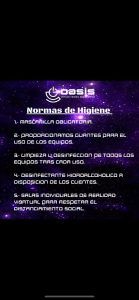 En San Sebastián de los Reyes, Madrid, Realidad Virtual en Pareja en Oasis VR Experience presenta un fondo de temática espacial de color púrpura y proporciona reglas de higiene esenciales para una aventura virtual perfecta. - ForTwo - Planes para parejas
