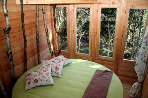 Explora las Habitaciones únicas en Cabañas en los árboles (Vizcaya), que incluyen un acogedor dormitorio en una casa en el árbol con una cama redonda de color verde, almohadas florales, grandes ventanales e impresionantes vistas al bosque para una escapada encantadora. - ForTwo - Planes para parejas