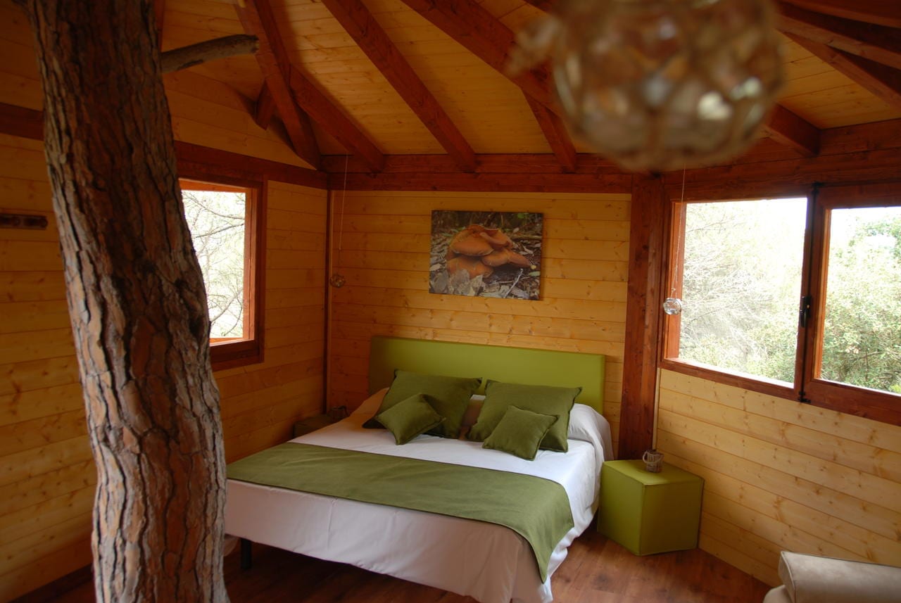 Una acogedora habitación de madera como la Habitación mágica en los árboles por Cabanes Dosrius en Barcelona, cuenta con un tronco de árbol, una cama con detalles en verde y ventanas en las esquinas que ofrecen encantadoras vistas de los árboles. - ForTwo - Planes para parejas