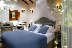 La Habitación Casa del árbol Maitenea del Hotel Jakue cuenta con una acogedora cama doble con colcha azul, un elegante dosel y una cálida iluminación. Una ventana con exuberante vegetación ofrece el refugio ideal en Navarra. - ForTwo - Planes para parejas