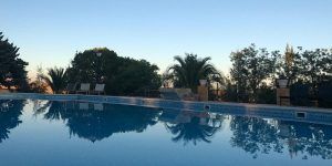 Una tranquila piscina refleja árboles y un cielo azul, con tumbonas visibles al fondo, que invitan a relajarse en el Hotel El Moral, ideal para una "Escapada romántica al hotel El Moral con visita a sus bodegas y cata de vinos" en Badajoz. - ForTwo - Planes para parejas