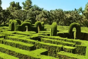 La vista aérea resalta la exuberante vegetación del Laberinto de Horta en Barcelona, con su frondoso laberinto de setos y elegantes arcos, todo bellamente enmarcado por árboles contra un cielo azul brillante. Descúbrelo en el "Tour gratuito por el Laberinto de Horta (Barcelona)". - ForTwo - Planes para parejas