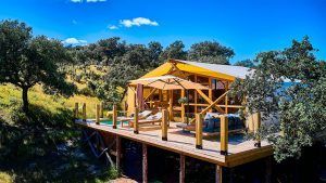 Una terraza de madera con tumbonas y sombrilla se encuentra junto a una moderna carpa rodeada de naturaleza bajo un cielo azul despejado, ofreciendo el lujo de una Cabaña Junior Suite. Disfrute de La Dehesa en Córdoba con la ventaja adicional de una refrescante piscina privada. - ForTwo - Planes para parejas