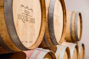 Barricas de vino de madera estampadas con Bodega Miquel Jané y bandas de metal relucientes crean el escenario perfecto para una Visita a bodega con degustación y cata de vinos Miquel Jané (Barcelona), donde cada sorbo te invita a una historia. - ForTwo - Planes para parejas