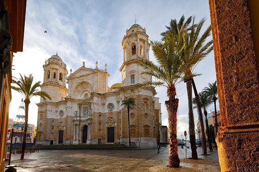 La histórica catedral, con sus torres gemelas y palmeras bañadas por la luz de la mañana, es visible desde un arco, una parada esencial en cualquier Visita guiada por la historia de Cádiz. - ForTwo - Planes para parejas