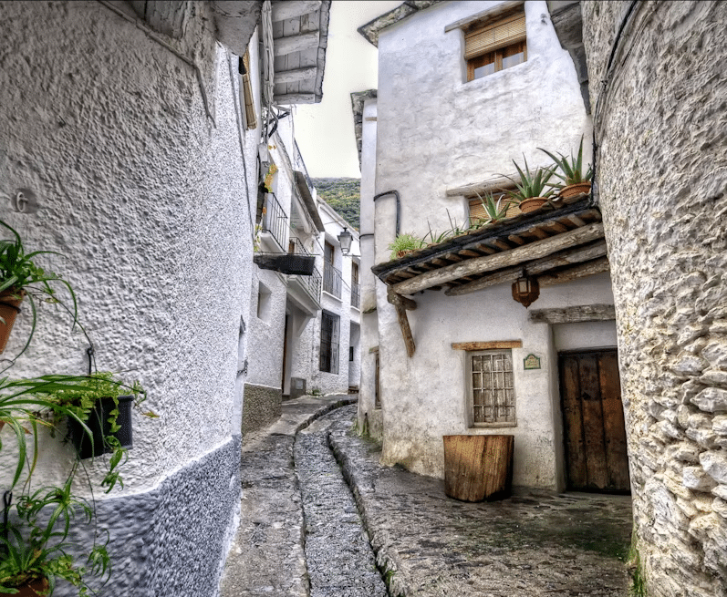 Una estrecha calle adoquinada bordeada de edificios encalados y plantas en macetas, que conduce cuesta arriba y que recuerda a un pueblo de la Alpujarra de Granada que aparece en "Alpujarra: Tour guiado desde Granada". - ForTwo - Planes para parejas