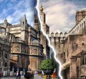 Una imagen agrietada cambia elegantemente de una antigua catedral de piedra a una fortaleza histórica bajo los cielos despejados de Sevilla, capturando el aura de la Entrada a las Setas de Sevilla de la ciudad. - ForTwo - Planes para parejas