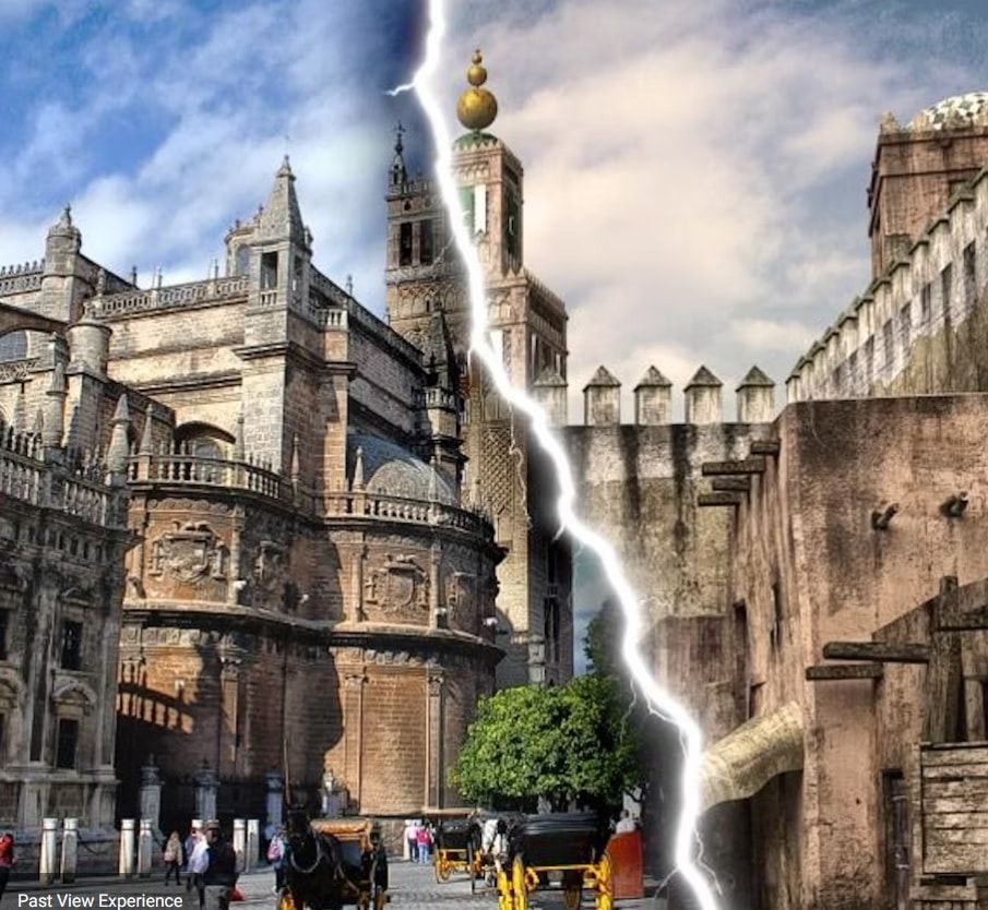 Una imagen agrietada cambia elegantemente de una antigua catedral de piedra a una fortaleza histórica bajo los cielos despejados de Sevilla, capturando el aura de la Entrada a las Setas de Sevilla de la ciudad. - ForTwo - Planes para parejas
