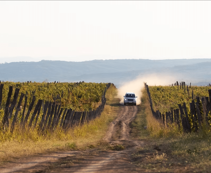A medida que el coche avanza a toda velocidad por el camino de tierra entre viñedos, el polvo danza a su paso, evocando una pintoresca escena que recuerda a una emocionante Excursión y Cata de Vinos de la Ribera del Duero desde Madrid. A lo lejos, las colinas capturan majestuosamente la esencia encantadora de la Ribera del Duero. - ForTwo - Planes para parejas