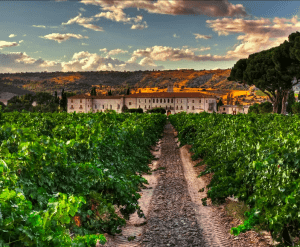 La "Excursión y Cata de Vinos de la Ribera del Duero desde Madrid" ofrece un entorno idílico con vides que conducen a un edificio de piedra bajo un cielo colorido, perfecto para crear experiencias memorables de cata de vinos. - ForTwo - Planes para parejas