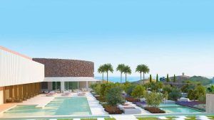 Experimente un edificio moderno en Málaga con piscina, palmeras y jardín bajo un cielo azul, ideal para una escapada de fin de semana con habitación con vistas al mar. - ForTwo - Planes para parejas