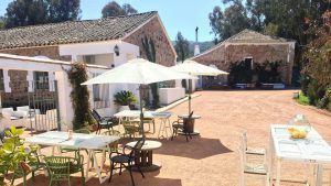 El patio exterior cuenta con mesas, sillas y sombrillas, perfecto para un día soleado. Ubicado entre rústicos edificios de piedra, es ideal para una cena romántica durante su escapada de 2 noches + cena romántica + hammam (Córdoba) al encantador entorno. - ForTwo - Planes para parejas