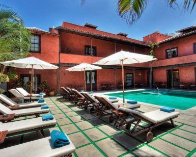 Tumbonas y sombrillas rodean una piscina serena en el patio de "Escapada a 5 minutos de la playa en una villa de Tenerife", ubicada entre palmeras ondulantes, capturando el encanto relajado de las playas de Tenerife. - ForTwo - Planes para parejas