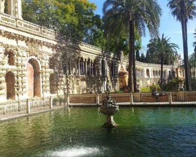 Bajo un cielo azul despejado, el ornamentado edificio de piedra con una fuente junto a un estanque rodeado de palmeras evoca la exuberante vegetación de Sevilla. Experimente esta magia en el Real Alcázar con "Visita el Real Alcázar de Sevilla sin esperas" para una aventura inolvidable. - ForTwo - Planes para parejas