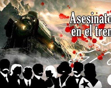 Un tren de vapor recorriendo montañas nevadas con siluetas y el texto "Escape room en el Oriente Express (Zaragoza)" captura la esencia misteriosa de este viaje. - ForTwo - Planes para parejas