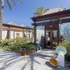 La oferta de spa, yoga y almuerzo en Atzaro (Ibiza) ofrece un entorno sereno con decoración de madera, plantas en macetas, cestas de frutas y palmeras bajo un cielo azul claro, perfecto para sesiones de yoga. - ForTwo - Planes para parejas