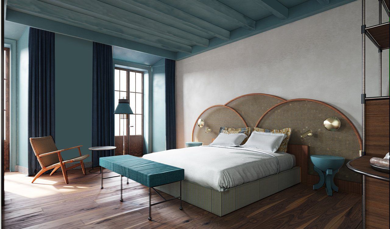 La moderna habitación del Hotel Casa de Indias By Intur en Sevilla luce detalles en verde azulado, suelo de madera, cama doble y un acogedor banco. Disfrute de la mecedora junto a los amplios ventanales que inundan de luz la habitación, creando un espacio de spa ideal para relajarse después del desayuno con su paquete Escapada. - ForTwo - Planes para parejas