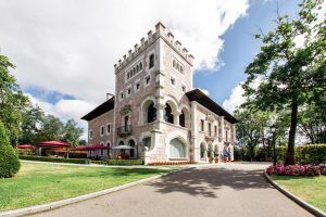 La impresionante mansión de piedra, que evoca al Hotel Castillo Del Bosque La Zoreda de Oviedo, cuenta con una torre rodeada de exuberantes jardines con un camino sinuoso bajo un cielo parcialmente nublado. - ForTwo - Planes para parejas