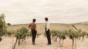 En un viñedo, bajo un cielo nublado, dos hombres imaginan los ricos sabores que su "Tour de vino en Bodegas Grant con cata incluida (Jerez)" traerá a la vida. - ForTwo - Planes para parejas