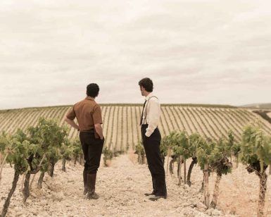 En un viñedo, bajo un cielo nublado, dos hombres imaginan los ricos sabores que su "Tour de vino en Bodegas Grant con cata incluida (Jerez)" traerá a la vida. - ForTwo - Planes para parejas