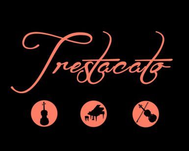 El producto, "Trío de cuerda para crear momentos íntimos", presenta una elegante escritura Trestacato con íconos de violín, piano de cola y violonchelo sobre un fondo negro. - ForTwo - Planes para parejas