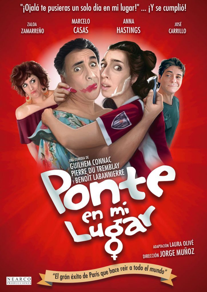 Un cartel de película muestra a una pareja abrazándose, con otras dos personas a su lado, frente al vibrante telón de fondo del Teatro Muñoz Seca de Madrid, resaltando el título "Ponte en Mi Lugar". - ForTwo - Planes para parejas