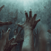 Las manos de zombies emergen en una atmósfera oscura y brumosa con una iluminación espeluznante, pareciendo liberarse de los confines de Escape Room: The Z Lab. - ForTwo - Planes para parejas