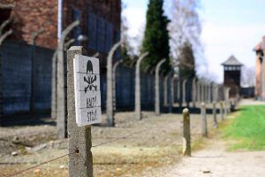 La sutil presencia de una valla con un cartel de "¡Alto! ¡Alto!", alambre de púas y una torre de vigilancia ofrece una conmovedora reflexión sobre la historia cerca de Auschwitz en el tour Día de visita: Auschwitz y Minas de Sal (Cracovia). - ForTwo - Planes para parejas
