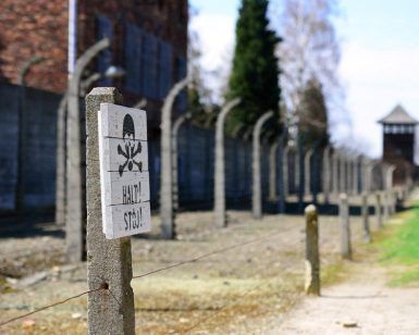 La sutil presencia de una valla con un cartel de "¡Alto! ¡Alto!", alambre de púas y una torre de vigilancia ofrece una conmovedora reflexión sobre la historia cerca de Auschwitz en el tour Día de visita: Auschwitz y Minas de Sal (Cracovia). - ForTwo - Planes para parejas