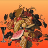 Un bodegón vibrante con frutas variadas, cornucopias y una copa de vino que recuerda artísticamente a una pieza de "Entradas para Brunch y Arte en el Museo Thyssen", todo ello sobre un fondo naranja degradado. - ForTwo - Planes para parejas