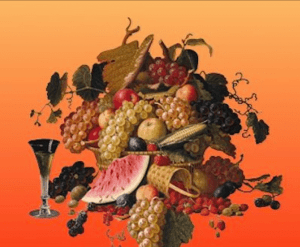 Un bodegón vibrante con frutas variadas, cornucopias y una copa de vino que recuerda artísticamente a una pieza de "Entradas para Brunch y Arte en el Museo Thyssen", todo ello sobre un fondo naranja degradado. - ForTwo - Planes para parejas