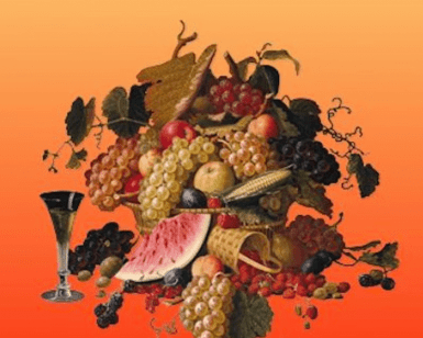 Un bodegón vibrante con frutas variadas, cornucopias y una copa de vino que recuerda artísticamente a una pieza de "Entradas para Brunch y Arte en el Museo Thyssen", todo ello sobre un fondo naranja degradado. - ForTwo - Planes para parejas