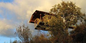 La Cabaña Aire en Dormir en los árboles en Cáceres ofrece una experiencia única de casa en un árbol, elevada sobre una ladera y enclavada entre árboles bajo un cielo parcialmente nublado. - ForTwo - Planes para parejas
