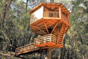La Habitación mágica en los árboles de Cabanes Dosrius ofrece una casa de madera en el árbol con techo inclinado y balcón, enclavada entre altos árboles. Se accede por una escalera y una pasarela y captura el encanto de Barcelona. - ForTwo - Planes para parejas
